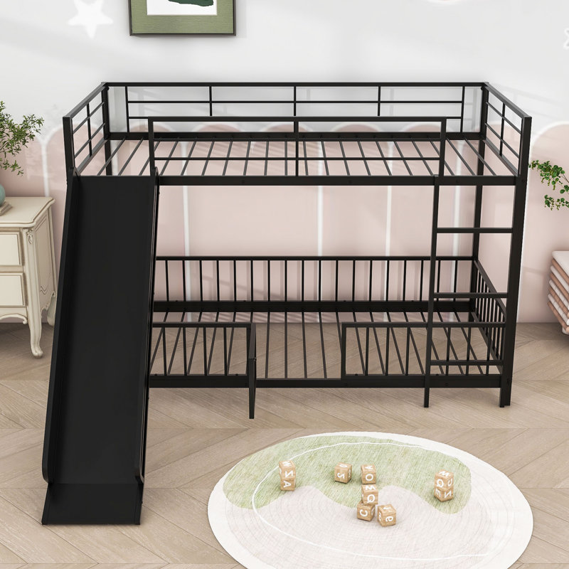 Twin Over Twin Metal Bunk Bed With Slide, Convertible Loft Design And Safety Guardrail, Black