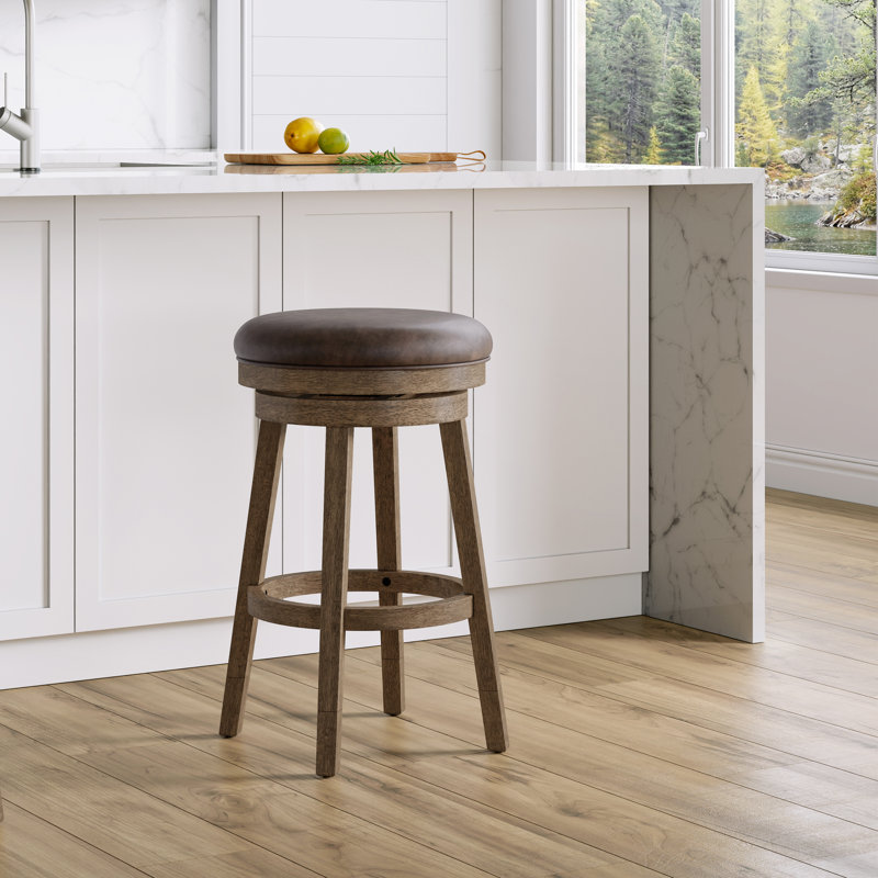 Carstens Wood Backless Adjustable Height Swivel Stool With Round Seat, Light Walnut With Chocolate Brown