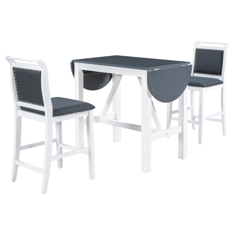 3-Piece Wood Counter Height Drop Leaf  Dining Table Set with 2 Upholstered Dining Chairs for Small Place, Blue / White, Blue
