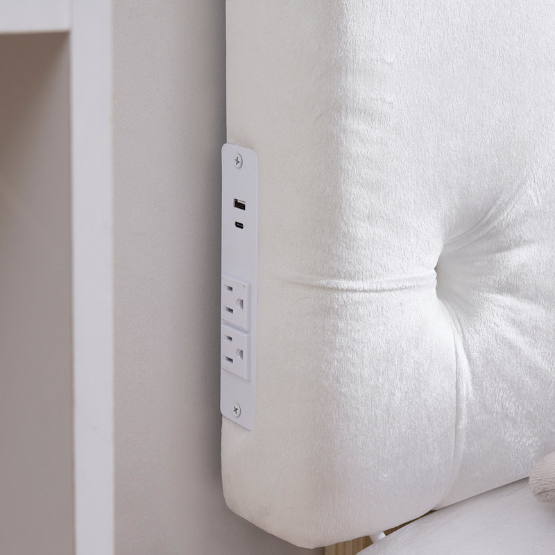 Tufted Velvet Plush Left Side Outlet Headboard with Legs - White