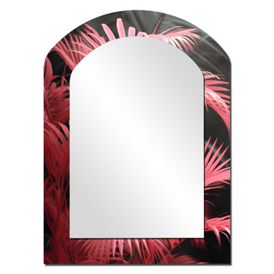 «Pink Grey Glamour Glow Palm Trees» - miroir décoratif en forme d'arche rose, miroir mural asymétrique traditionnel, impression d'art en métal