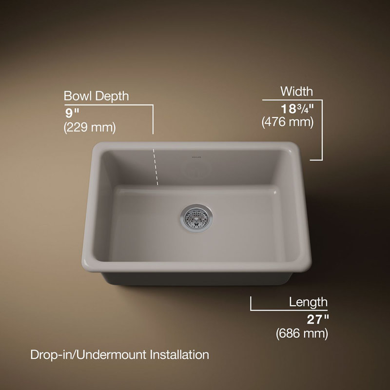 IronTones Kohler 27" L x 18.75" W Dual Mount Kitchen Sink, Truffe