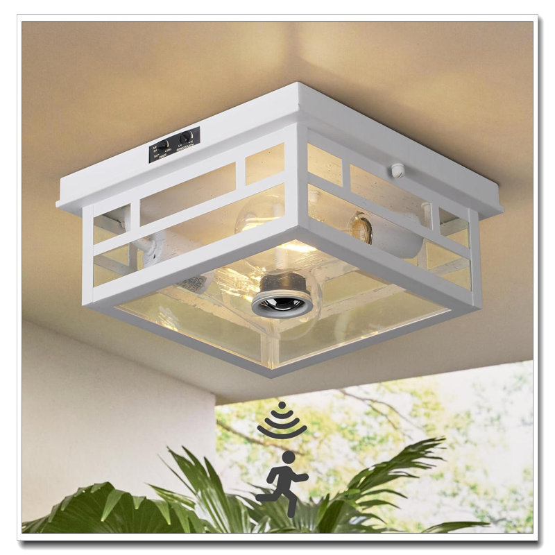 Outdoor Flush Mount Motion Sensor White Ceiling Light Seeded Glass Industrial Design For Porch Patio Entryway