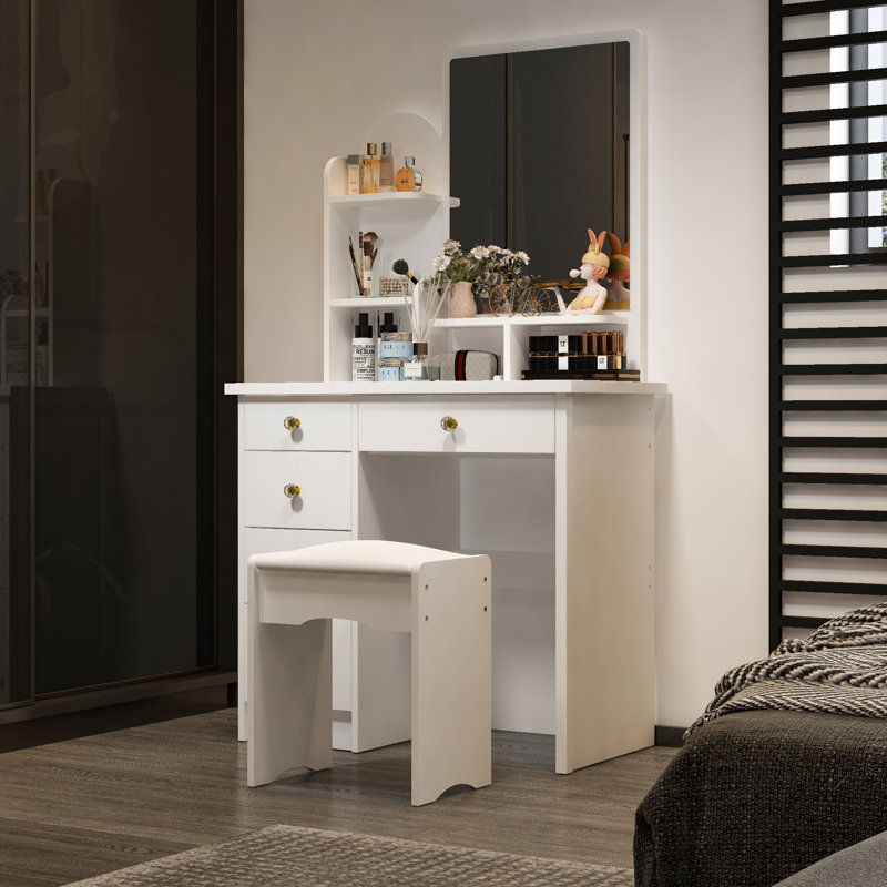 Bureau de coiffeuse moderne avec miroir, 5 tiroirs, tablettes et tabouret assorti, coiffeuse à maquillage, Gris