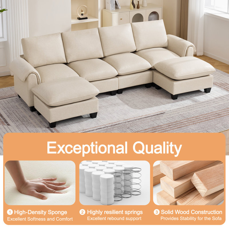 118" Faux Leather Modular U Shape Sectional Sofa with 2 Ottomans, Beige Faux Leather