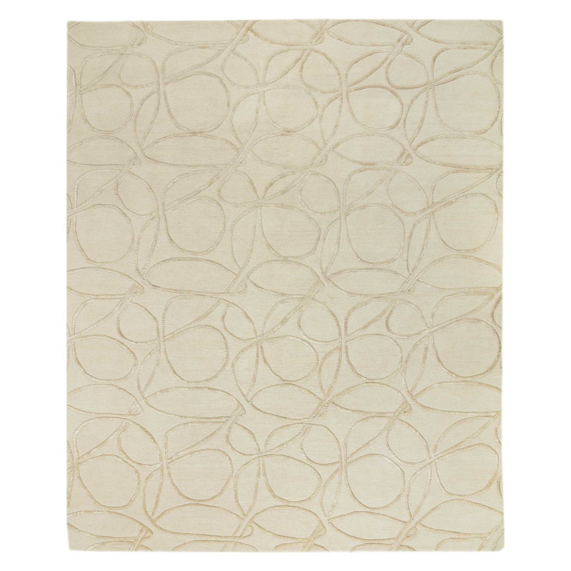 Clover Geometric Hand-Knotted Wool/Silk Beige/Neutral Area Rug, Ivory, Rectangle 8' x 10'