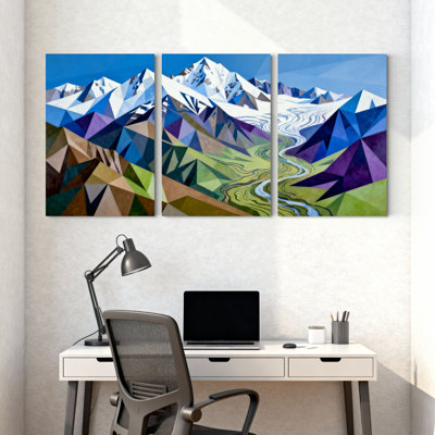 Ensemble de 3 tableaux muraux géométriques sur toile représentant un paysage de montagne