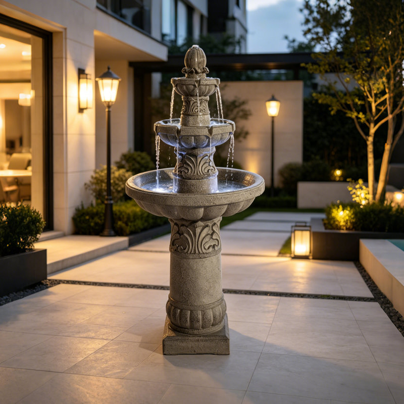52" 3-Tier Outdoor Fountain With LED Lights, Resin Classical Cascading Water Feature For Patio Garden