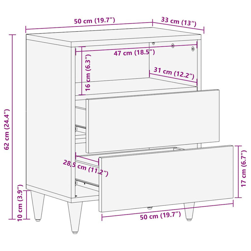 50cm W Solid Wood Bedside Table, Beige