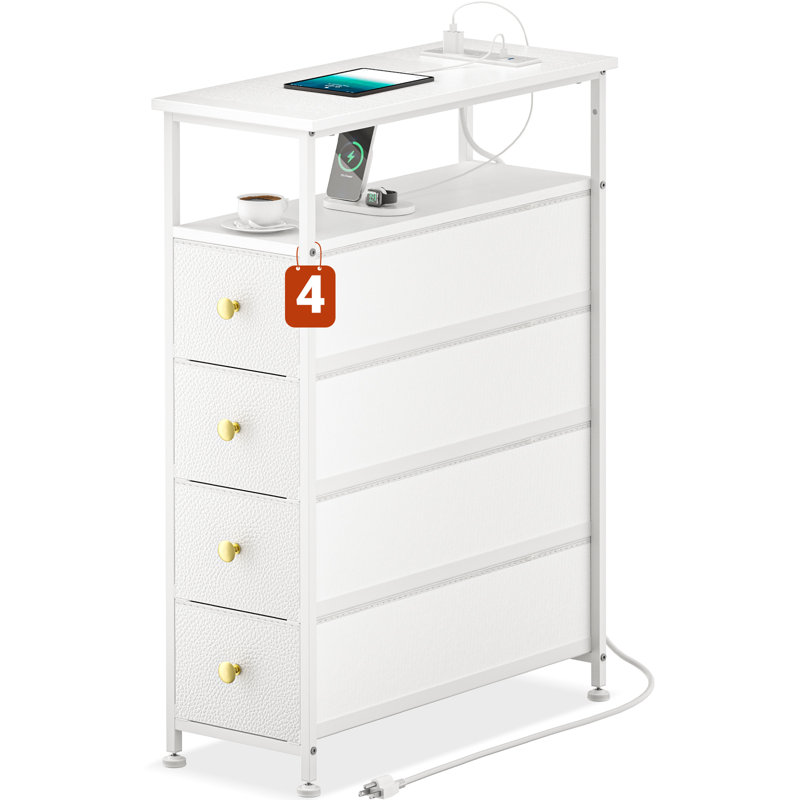 Commode étroite avec station de charge Commode blanche avec commode mince 4 tiroirs Pazo, Blanc