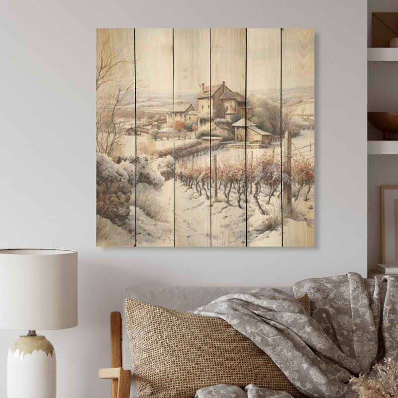 Vineyard Charm In Winter - Vineyard Wood Panel Wall Art On Natural Pine Wood, 15" H x 15" W