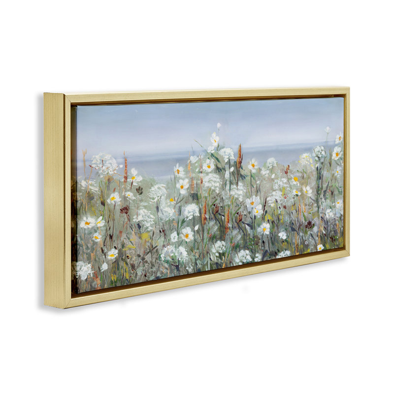 Champ de fleurs et mer au-delà, H 11 po x l 25 po, Cadre flottant gris lustré