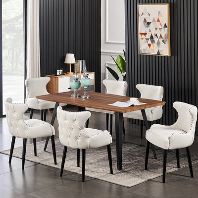 Ricky 6 Person Dining set - a Rectangular Wooden Dining Table with Metal Legs and a Set of 6 Quilted Velvet Dining Chairs for Dining Room - Modern Dining Table Set
