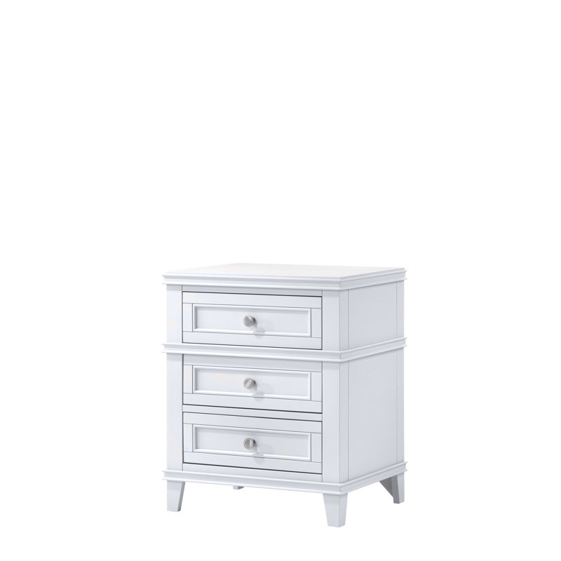 3 Drawer Nightstand W/ USB 3 Storage Drawers USB Charging Port Poplar Solids Custom Hardware, White
