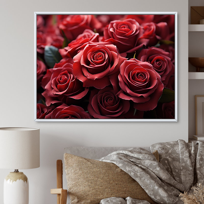 «Crimson Rose Passion I», reproduction sur toile, Cadre flottant blanc, H 34 po x l 44 po
