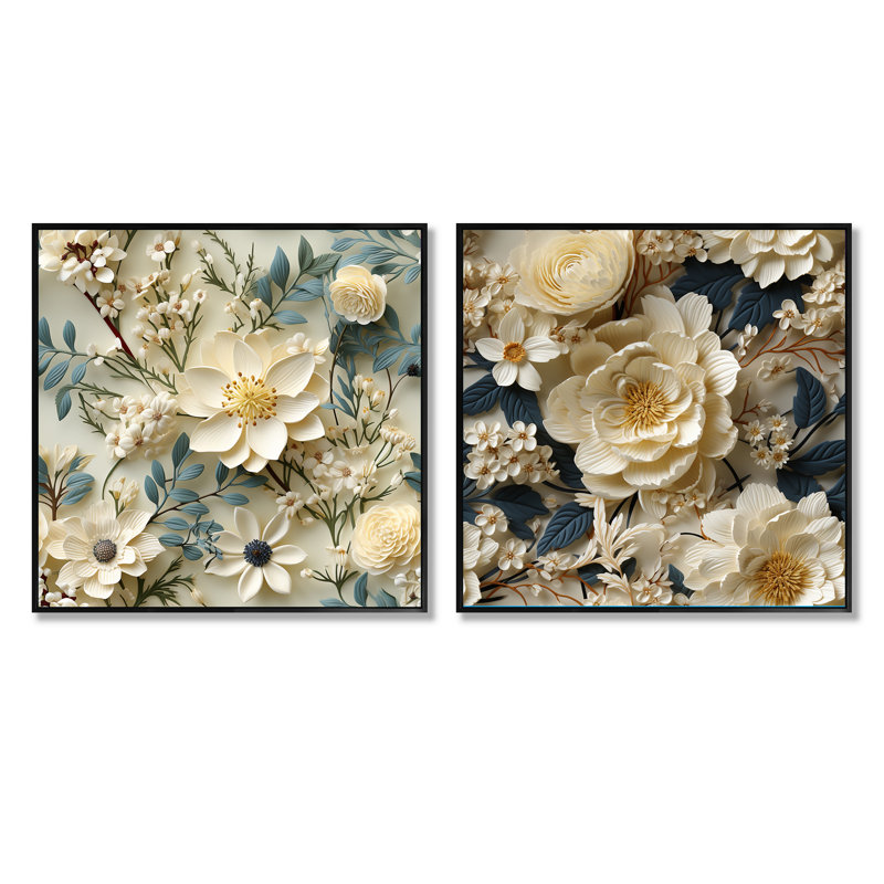 Radiant Lace Inspired Floral Botanics III - ensemble de 2 collages floraux carrés, Cadre flottant noir, H 36 po x l 73 po