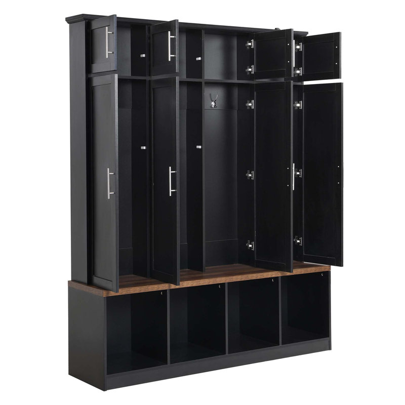 Multi-Functional Hall Tree With 4 Hidden Hanging Hooks, Brown Wood Grain Bench With Multiple Storage Space, Entryway Cabinet With Open Compartments For Living Room, Hallway