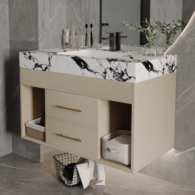 Ensemble de meuble-lavabo flottant 29,9 po avec lavabo sous-comptoir en céramique fritté et fixation murale pour petites salles de bain, appartement