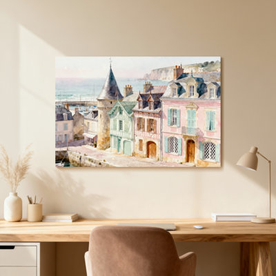 Scène d'aquarelle de ville côtière charmante