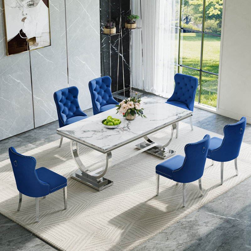Modern Dining Set – 70" Table With Stainless Steel Base & Velvet Chairs, 7 Pieces: Table, 6 Chairs, White/Silver, Blue/Silver