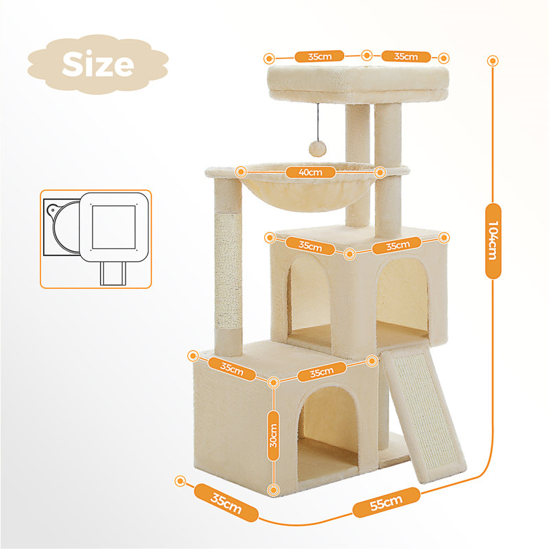Grand arbre à chat, tour à chat à plusieurs niveaux de 41 pouces avec 2 condos spacieux pour chats d'intérieur, grande maison pour chat avec hamac confortable, perchoir rembourré, patin à griffes et boules remplaçables