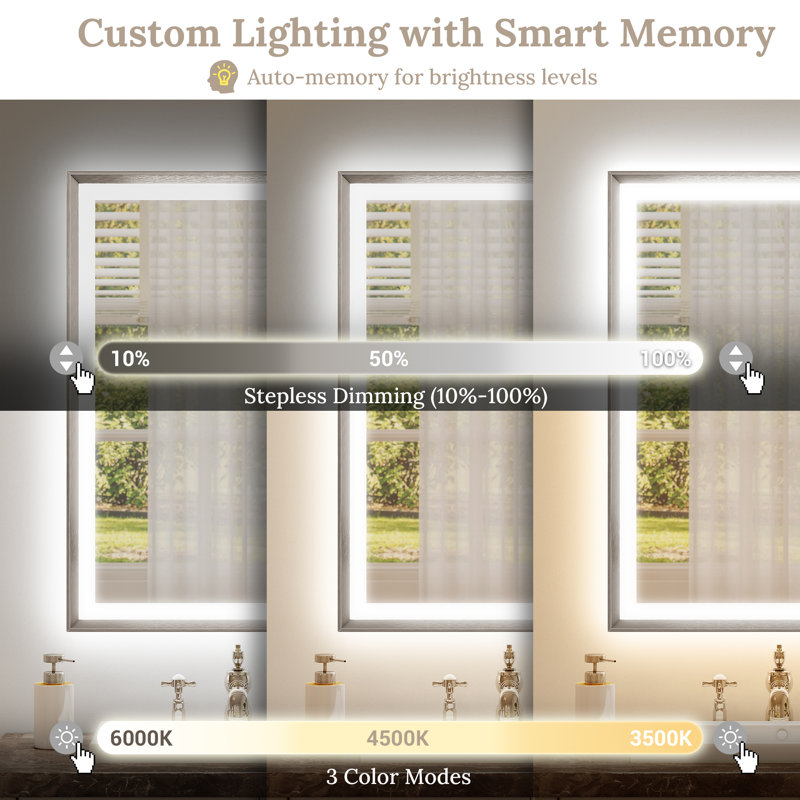 Modern Bathroom LED Mirror with Tempered Glass, Beveled Frame Vanity  Aluminum Frame Wall Mirror, Brushed Nickel, 36" x 48"