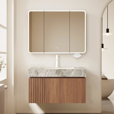 Modern 30" Walnut Vanity With Sink, Floating Bathroom Cabinet With Drawers And Double Doors, Mid-Century Wall-Mounted Sintered Stone Vanity