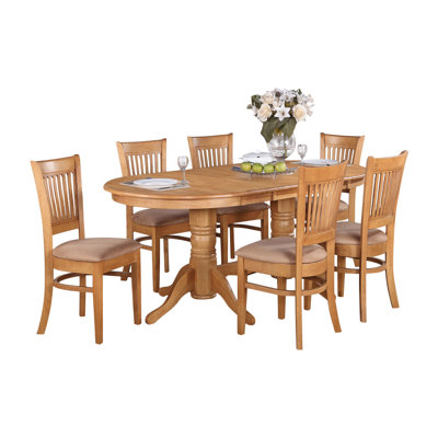 7 Piece Kitchen Table Set Consist of an Oval Dining Table with Butterfly Leaf and 6 Linen Fabric Dining Room Chairs, Oak
