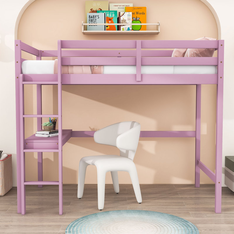 Lit mezzanine simple en bois avec garde-corps et bureau intégré, Rose