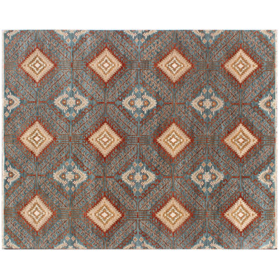 Tapis en laine rouille vert noué à la main à motif géométrique audacieux à motif de losanges du sud-ouest