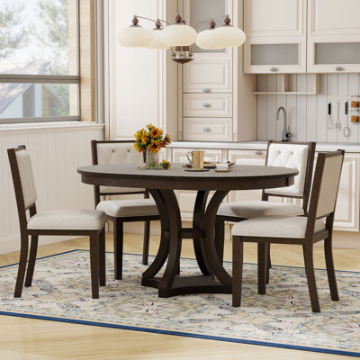 5-Piece Retro Functional Dining Table Set Extendable Round Table And 4 Upholstered Chairs For Dining Room And Living Room by Horizon Living