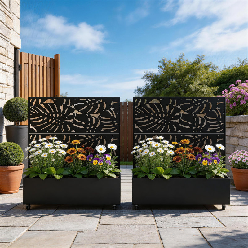 Boîte à fleurs en métal avec treillis et roues Truett, H 47,2 po x l 47,2 po x P 15,7 po, Noir