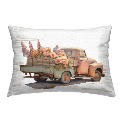 Chic Floral Truck Printed Outdoor Throw Pillow Design by Lettered and Lined