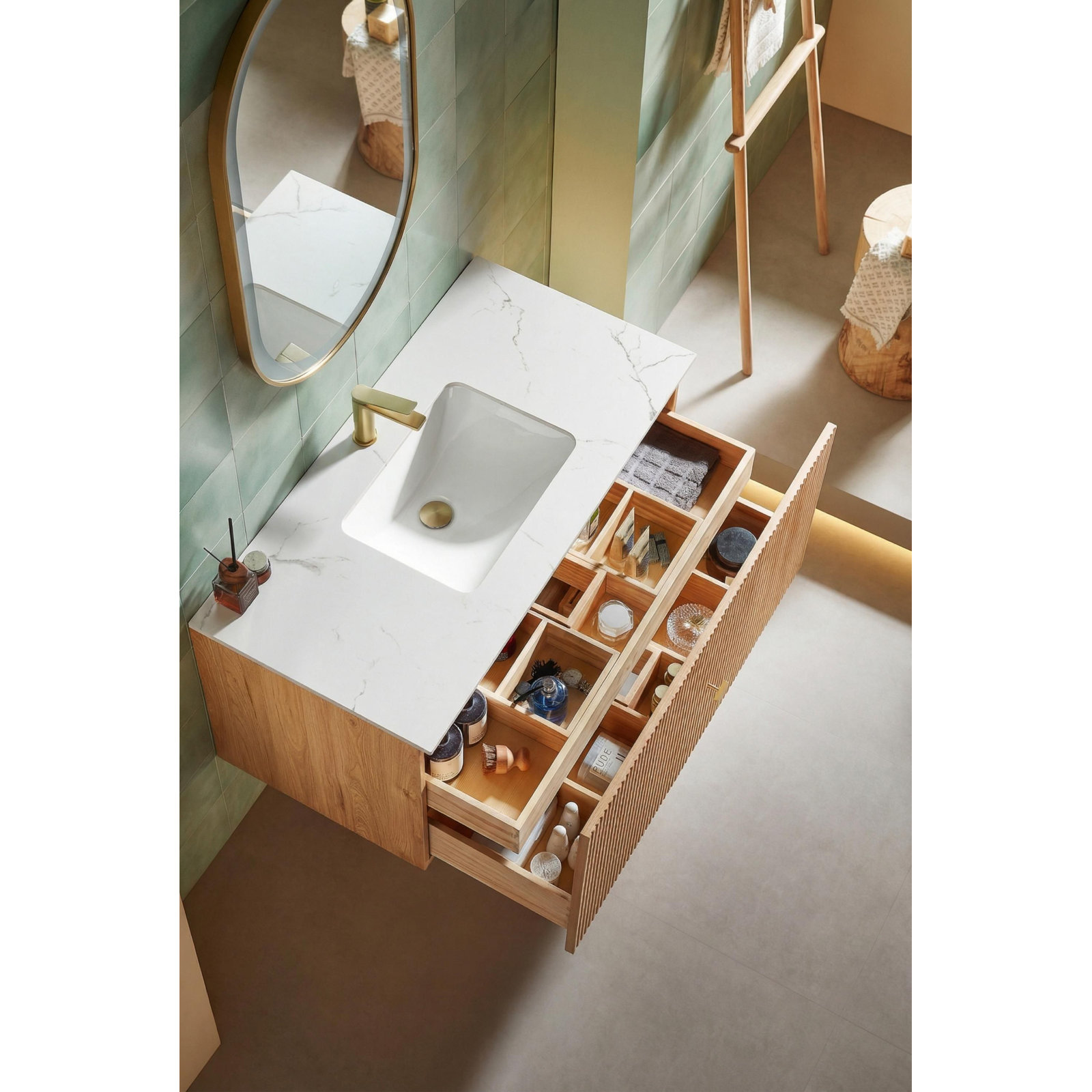 Jamell 42 Wall Mount Modern Bathroom Vanity, White, Natural Oak
