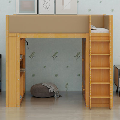 Lit mezzanine avec barrières de sécurité, armoire, tiroirs et éclairage d'ambiance pour des chambres bien organisées
