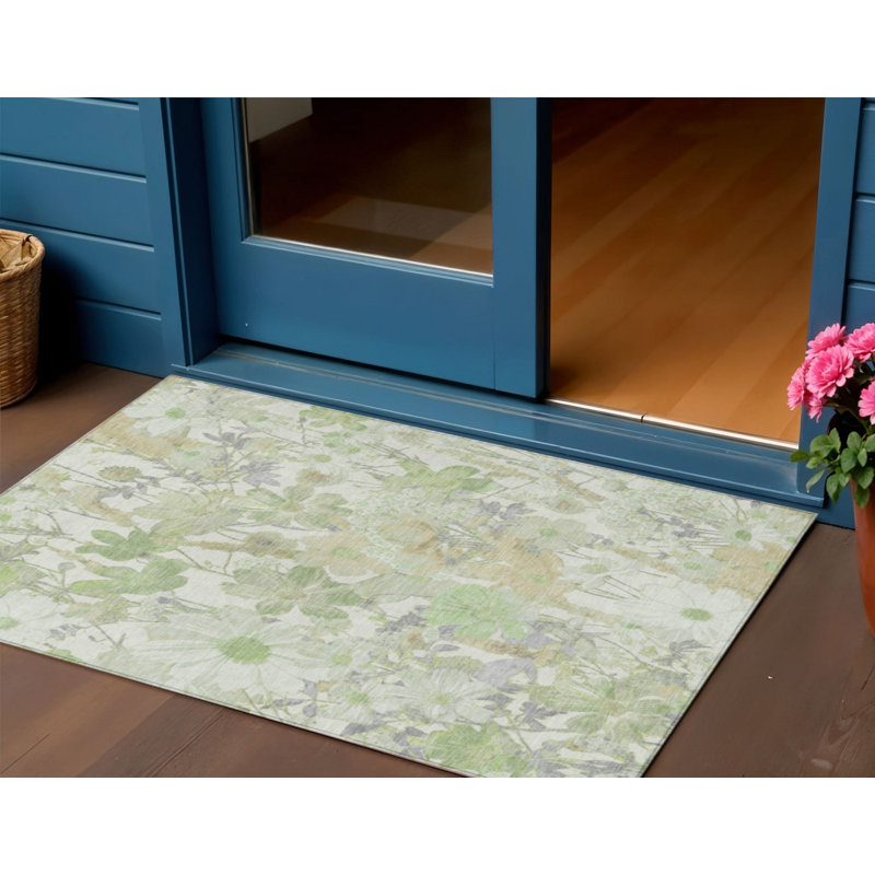 3' X 5' Artichoke Green Lavender And Beige Floral Washable Indoor Outdoor Area Rug