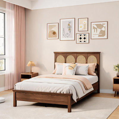 Full Size Rattan Bed Frame, Boho Wooden Platform Bed Frame with Natural Rattan Headboard and Mid-Century Footboard, Wood Platform Beds with Silent Slats, No Box Spring Needed, Easy Assembly