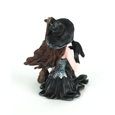 Gothic cold cast polyresin witch figurine with black raven and broomstick, 5.5 inches high