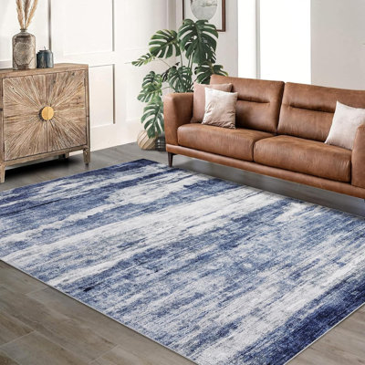 Tapis abstrait, tapis de couloir lavable à la machine avec envers antidérapant, tapis de maison de campagne moderne délavé doux pour la cuisine et la chambre à coucher (bleu)