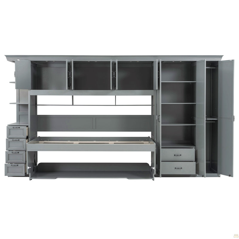Lit escamotable simple avec garde-robe, armoire et bureau, gris