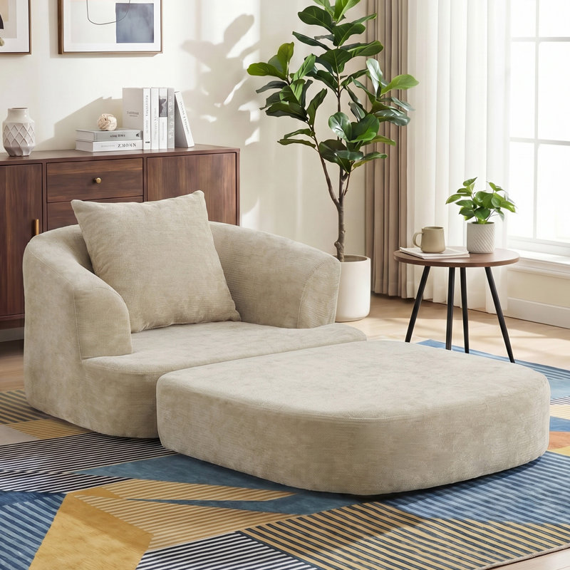 Fauteuil demi-tonneau d'appoint convertible surdimensionné rembourré, Khaki Chenille
