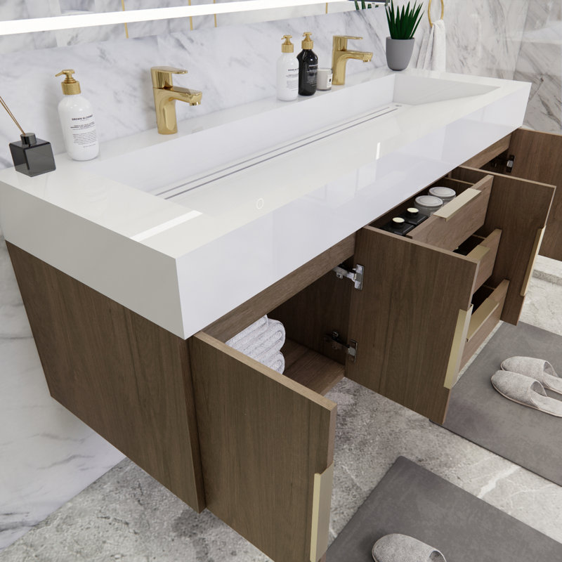 Ensemble de meuble-lavabo double mural l 59 po x P 19,75 po x H 22,25 po Glasgow, Blanc brillant, Chêne clair