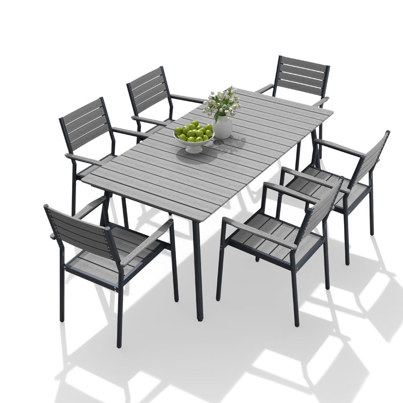 Ensemble de salle à manger en aluminium pour 6 personnes avec chaises empilables et trou pour parasol Muntz, Gris / Noir