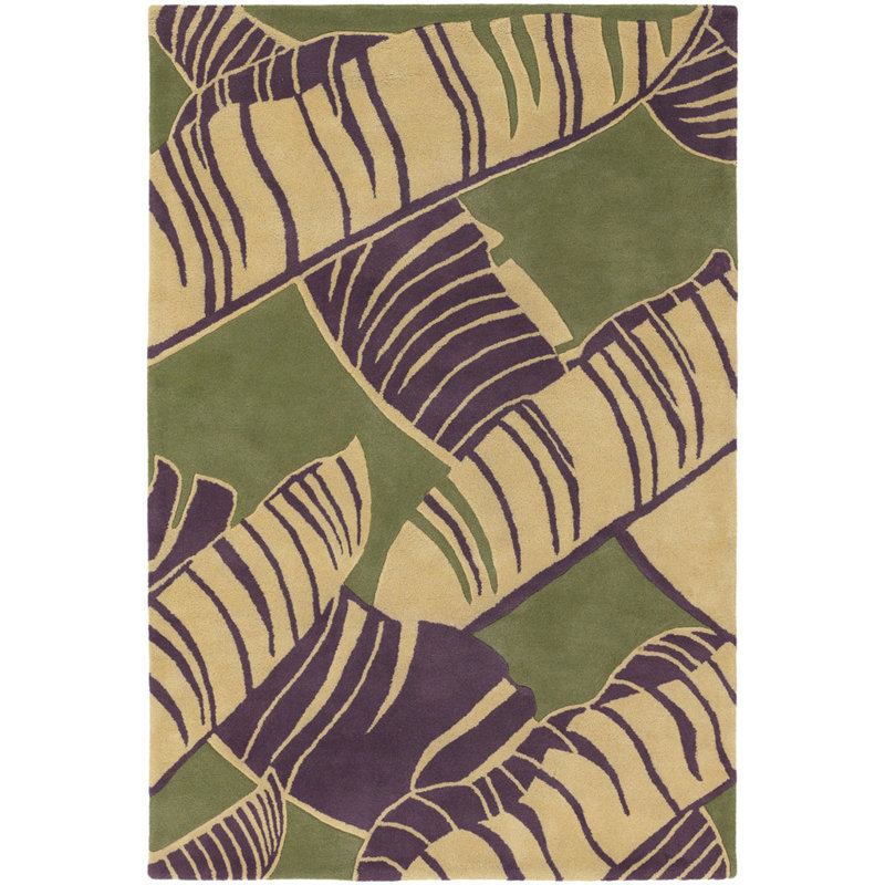 Citori Authentic Hand-Tufted Handmade Green, Purple & Beige Modern Tropical Banana Leaf Wool Area Rug, Rectangle 2' x 3'
