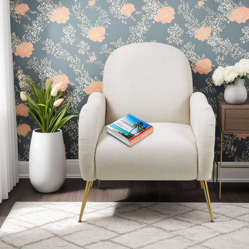 Fauteuil d'appoint en tissu Snowflake avec pieds en métal doré et fauteuil capitonné, Tissu beige