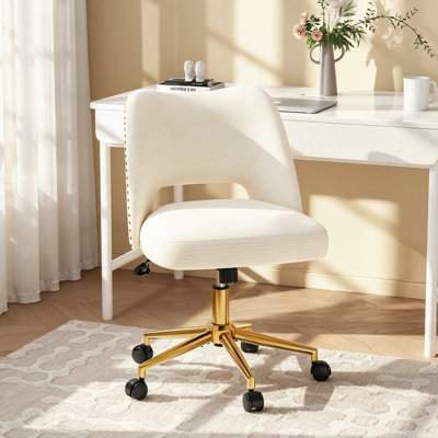 Modern Linen Makeup Chair, Armless Upholstered Office Desk Chair with Swivel, Adjustable Height & Gold Base
