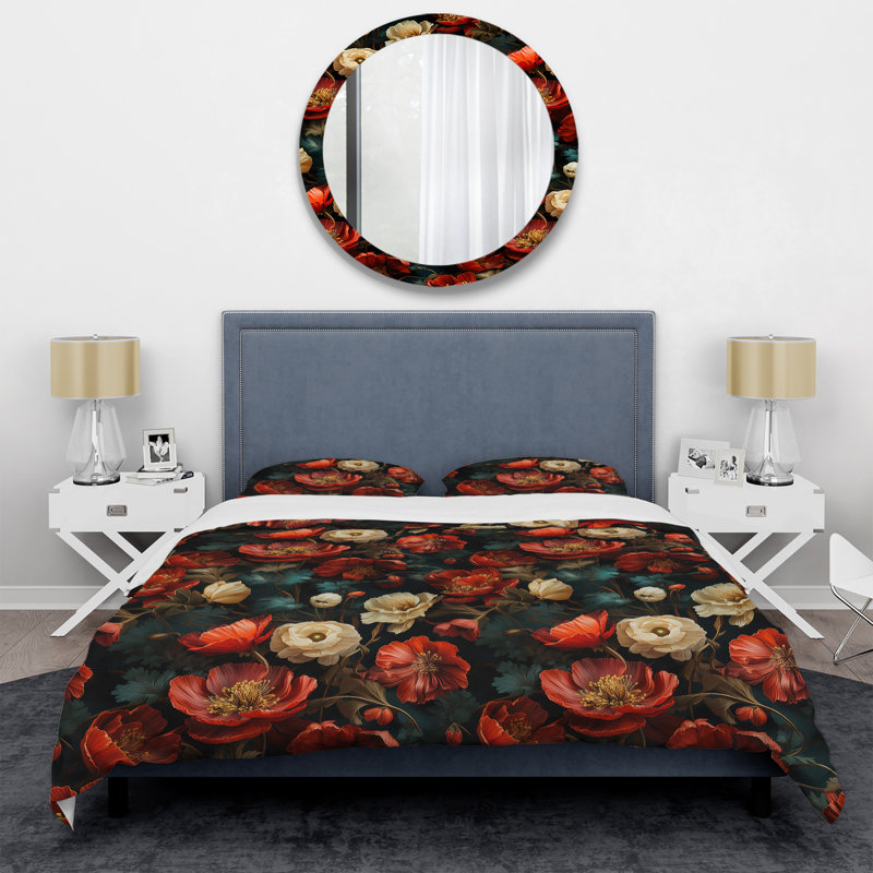 Ensemble de housse de couette rouge foncé et beige à motif floral Blooms II