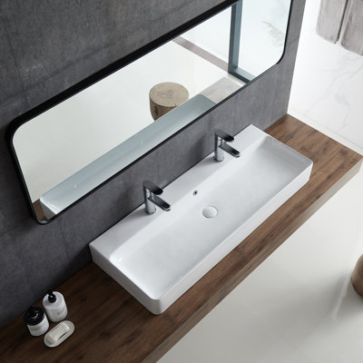 Turner 43" White Ceramic Rectangular Wall Mount/Vessel Bathroom Sink with Overflow for Two Persons