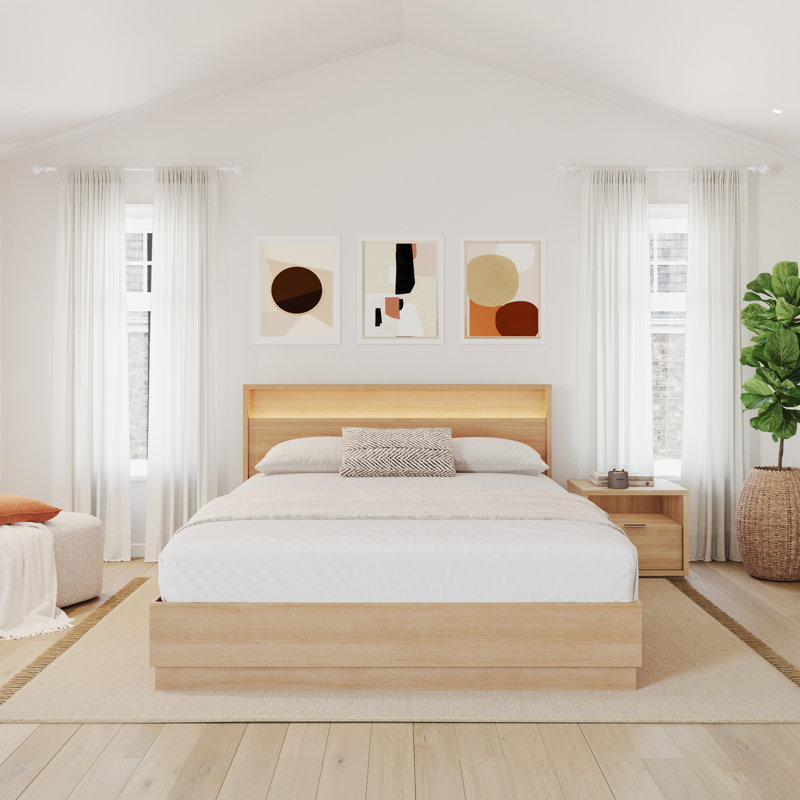 Ensemble de chambre à coucher 2 pièces avec tête de lit avec éclairage intégré Decoteau, Beige