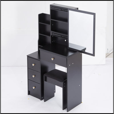 29.2" Small Space Left Bedside Cabinet Vanity Table + Cushioned Stool, Extra Large Right Sliding Mirror, Multi Layer High Capacity Storage, Practical Fashionable Dresser, Suitable For Small Space